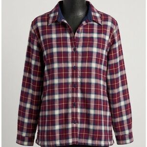 L.L. Bean Maroon Plaid Flannel Fleece Lined Button Up Shacket Women’s Sz L
